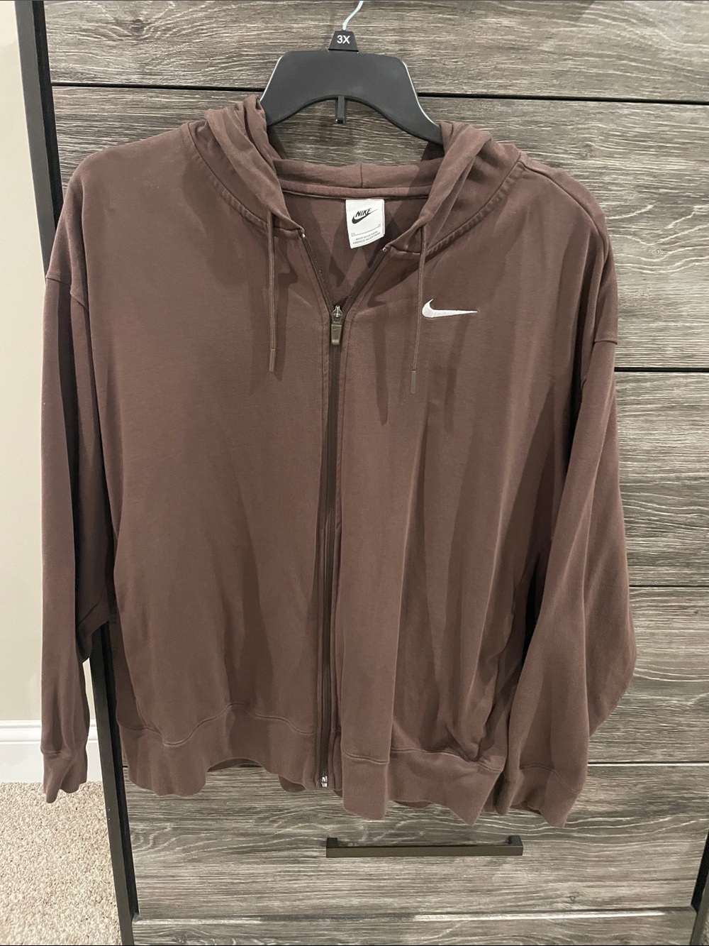 Nike Brown Full-Zip Hoodie with White Swoosh Accent